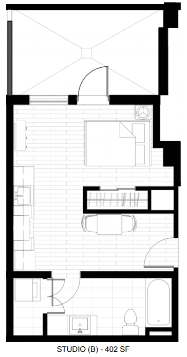 Floor plan for studio, 1 bath, 402 sqft